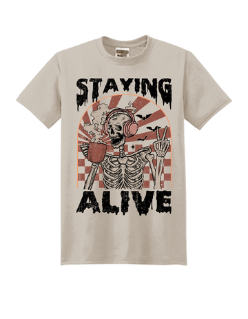 Staying Alive Coffee Skeleton Halloween Adult Unisex Tee Shirt - Silver