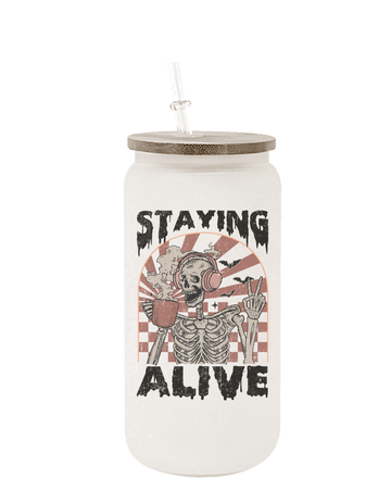 Staying Alive Coffee Skeleton 16 ounce Frosted Glass Tumbler with Lid and Straw