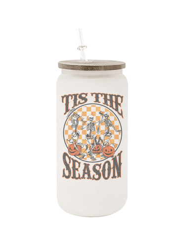 Tis the Season Pumpkin Skeleton 16 ounce Frosted Glass Tumbler with Lid and Straw