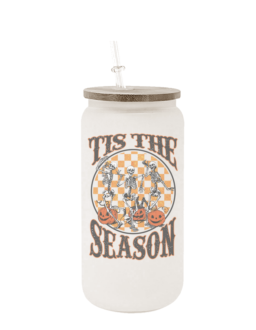 Tis the Season Pumpkin Skeleton 16 ounce Frosted Glass Tumbler with Lid and Straw