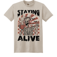 Staying Alive Coffee Skeleton Halloween Adult Unisex Tee Shirt - Silver