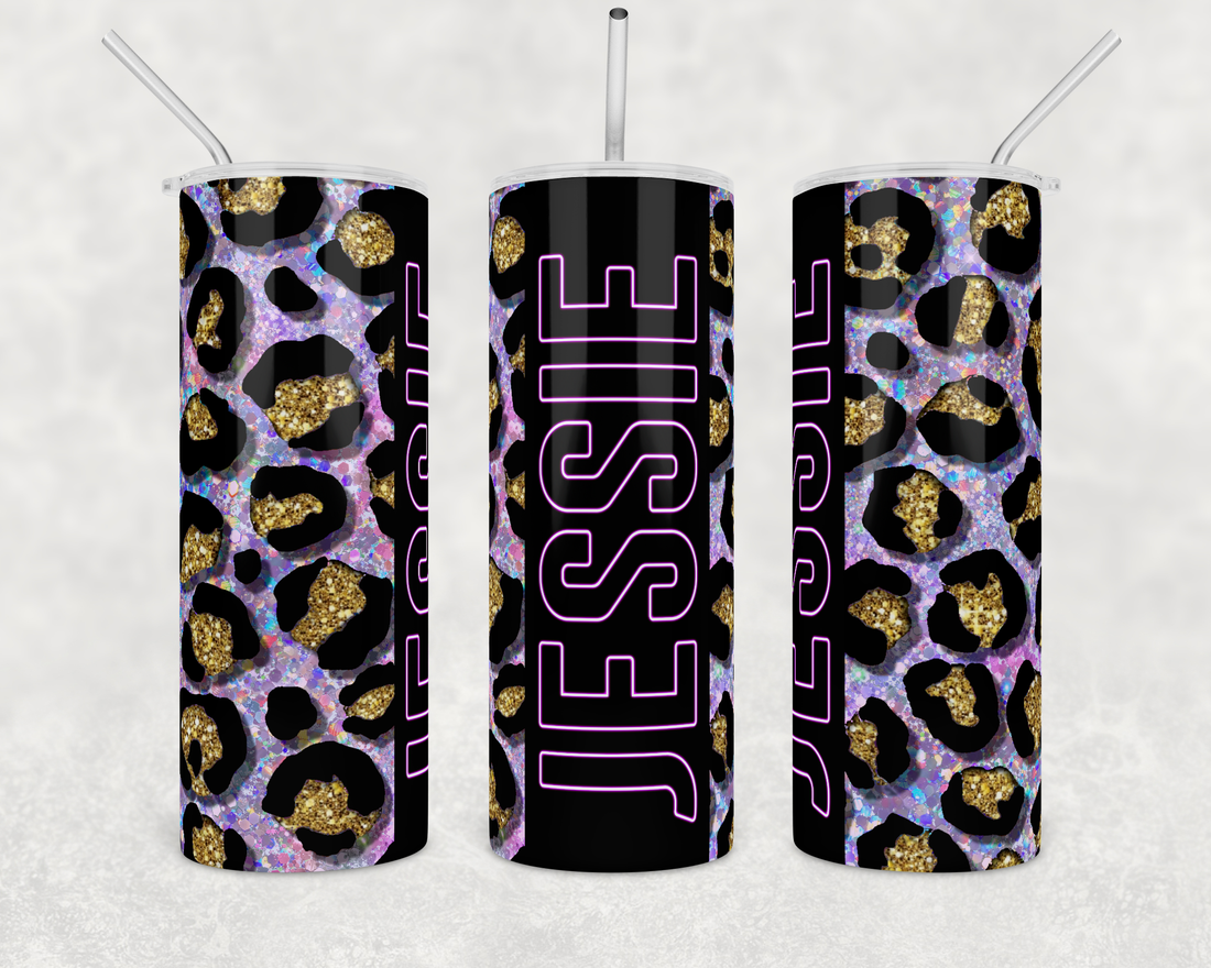 faux-glitter-purple-neon-leopard-custom-personalized-drink-water-tumbler-fab five print shop